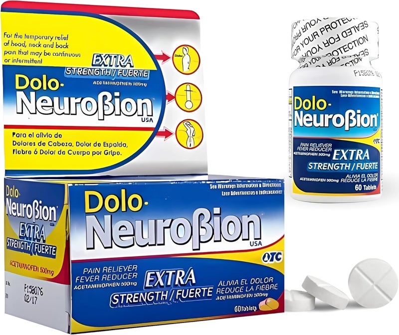 Neurobion Dolo Neurobion Pain Reliever, Fever Reducer, Extra Strength. Alivia el Dolor,Reduce la Fiebre, Extra Fuerte. 60 Tablets. Acetaminophen 500 mg