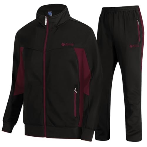 TBMPOY Men's Tracksuits Sweatsuits for Men Set Track Suits 2 Piece Casual Athletic Jogging Warm Up Full Zip Sweat Suits Black/Wine Red XL - Image 1
