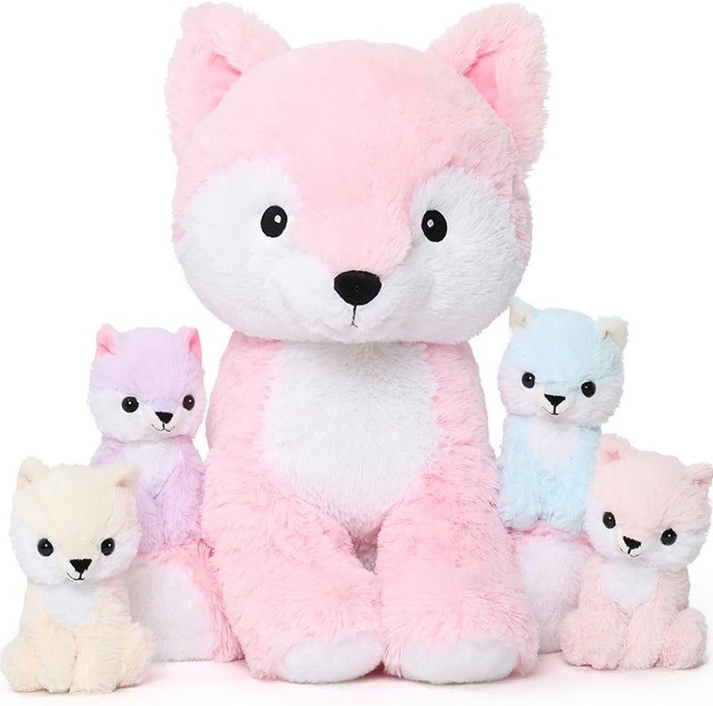 MorisMos Large Fox Plush, 48 cm Pink Mom with 4 Kawaii Fox Babies, Giant Animali Plush Fox Toys Gifts for Girls, Boys, Girlfriends, Easter Birthday Decoration - Image 1