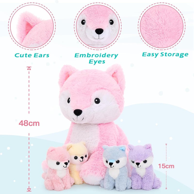 MorisMos Large Fox Plush, 48 cm Pink Mom with 4 Kawaii Fox Babies, Giant Animali Plush Fox Toys Gifts for Girls, Boys, Girlfriends, Easter Birthday Decoration - Image 2