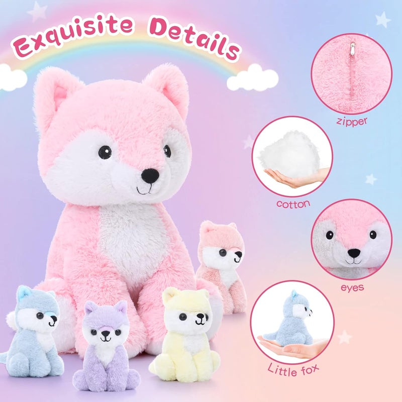 MorisMos Large Fox Plush, 48 cm Pink Mom with 4 Kawaii Fox Babies, Giant Animali Plush Fox Toys Gifts for Girls, Boys, Girlfriends, Easter Birthday Decoration - Image 3