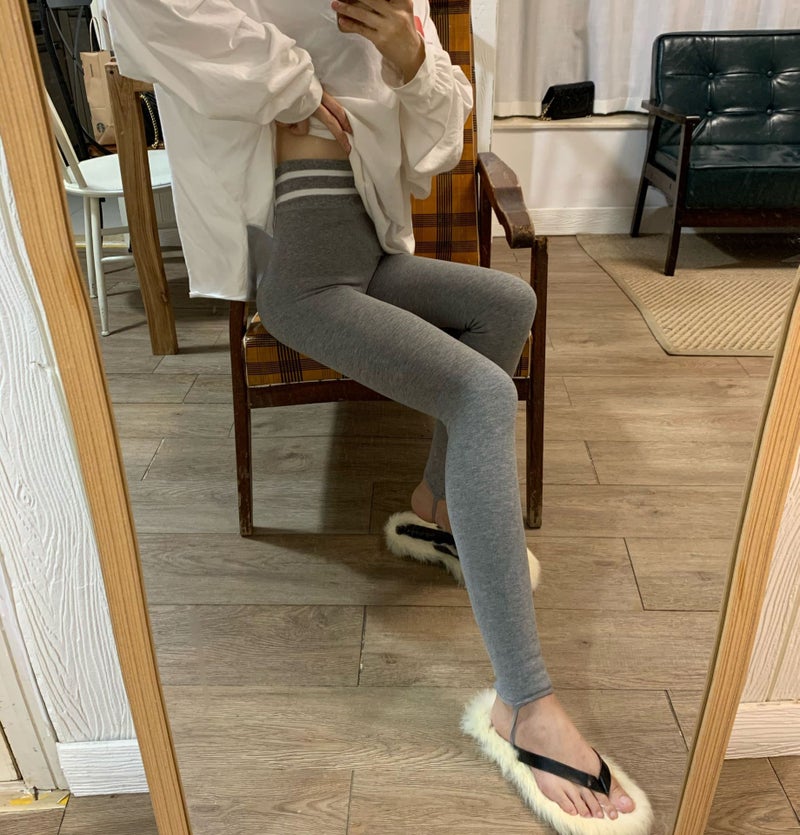 Striped thickened fleece-lined leggings womens outer wear autumn and winter New Korean style slimming high waist slimming skinny pants step-on pants Light gray  - Image 1