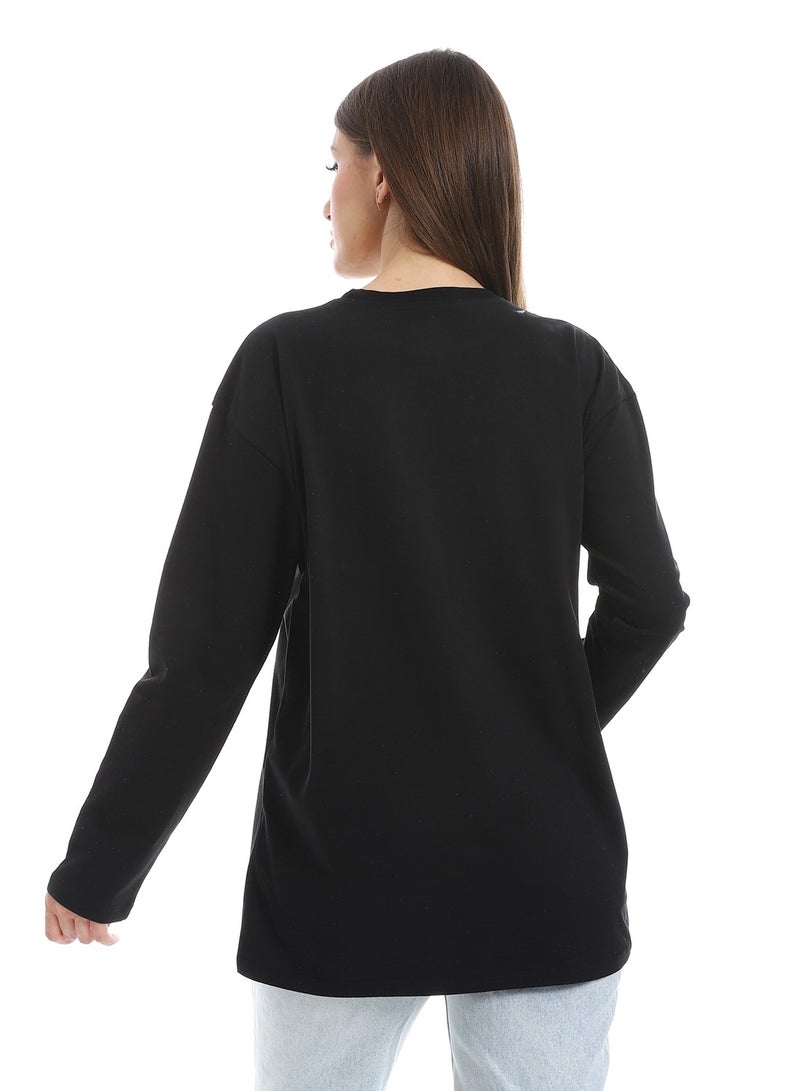 Black Long Sleeves Oversized Printed T-Shirt_Black