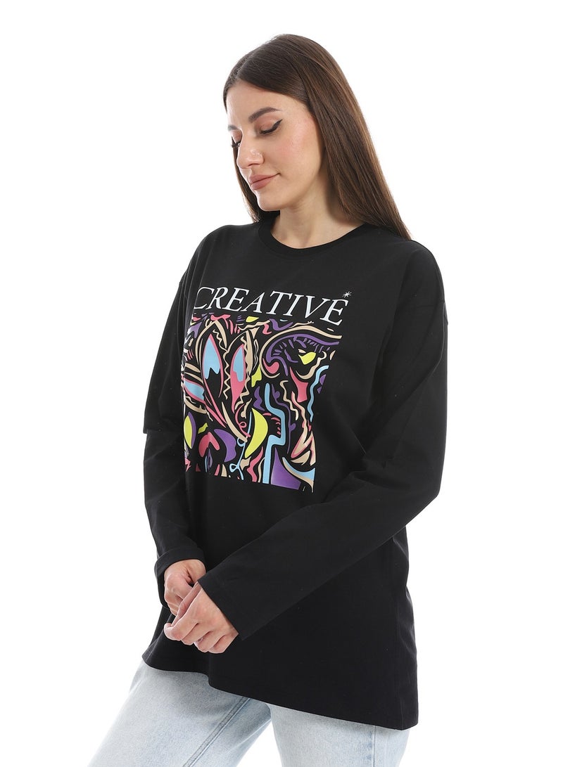 Black Long Sleeves Oversized Printed T-Shirt_Black