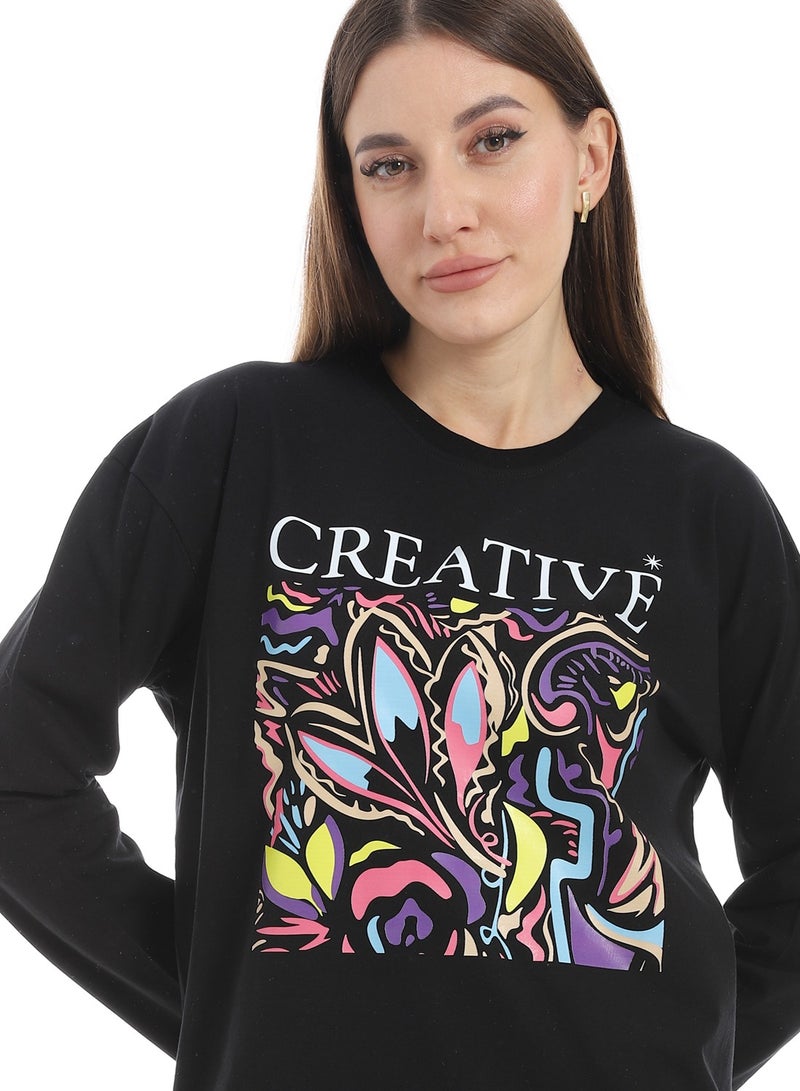 Black Long Sleeves Oversized Printed T-Shirt_Black