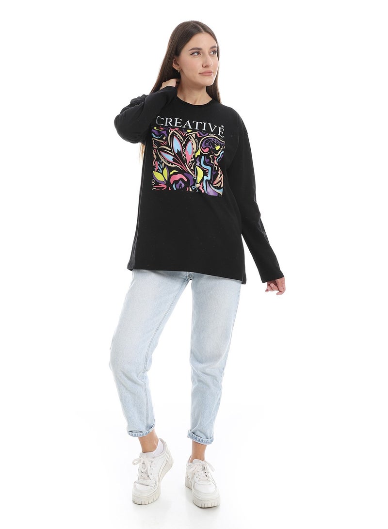 Black Long Sleeves Oversized Printed T-Shirt_Black