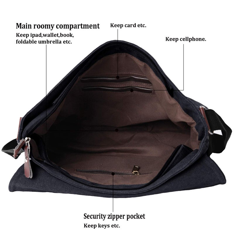 Mactso Vintage Canvas Satchel Messenger Bag For Men Women Travel Shoulder Bag 13.5"" Laptop Bags Bookbag (Black) - Image 4