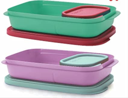 Tupperware Plastic Lunch Box 590 ml Pack of 2 with 4 Container (Multicolor) - Image 1