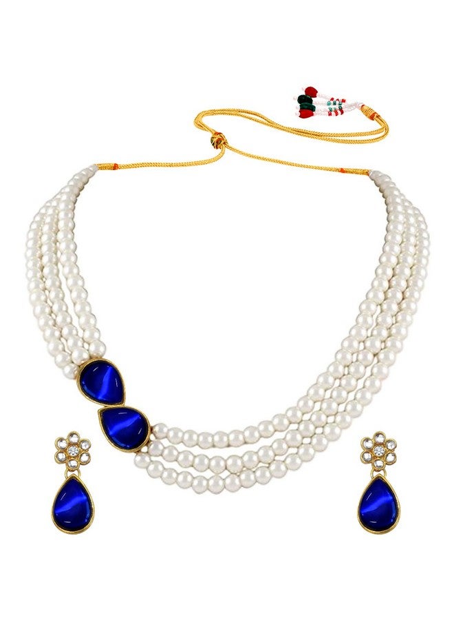 Peora Pearl Mala Blue Necklace & Earrings for Women Girls Traditional Ethnic Jewellery Set - Image 5
