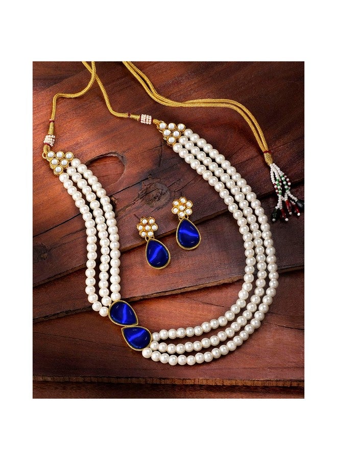 Peora Pearl Mala Blue Necklace & Earrings for Women Girls Traditional Ethnic Jewellery Set - Image 2