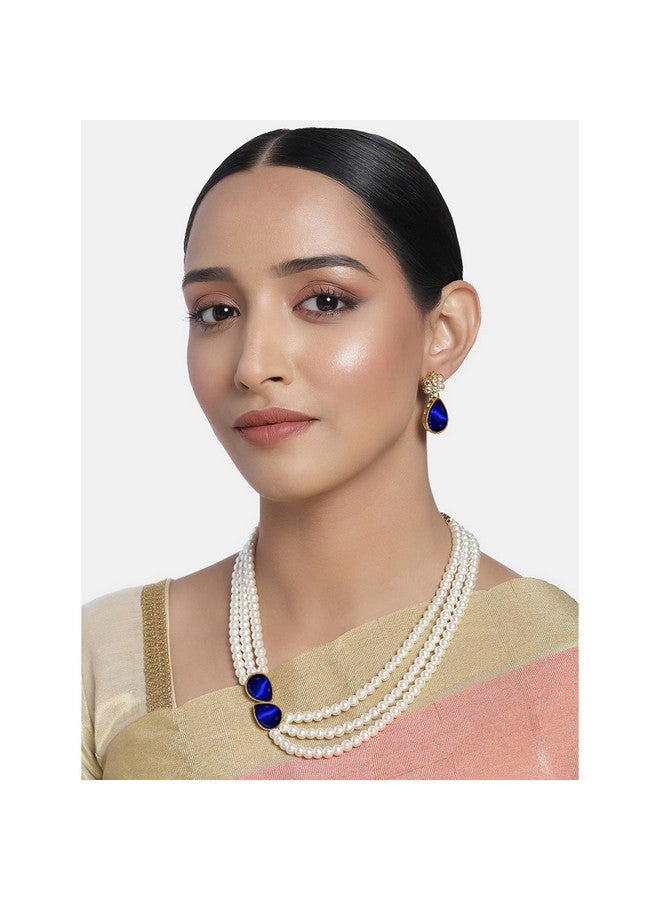 Peora Pearl Mala Blue Necklace & Earrings for Women Girls Traditional Ethnic Jewellery Set - Image 3