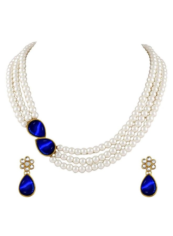 Peora Pearl Mala Blue Necklace & Earrings for Women Girls Traditional Ethnic Jewellery Set - Image 1