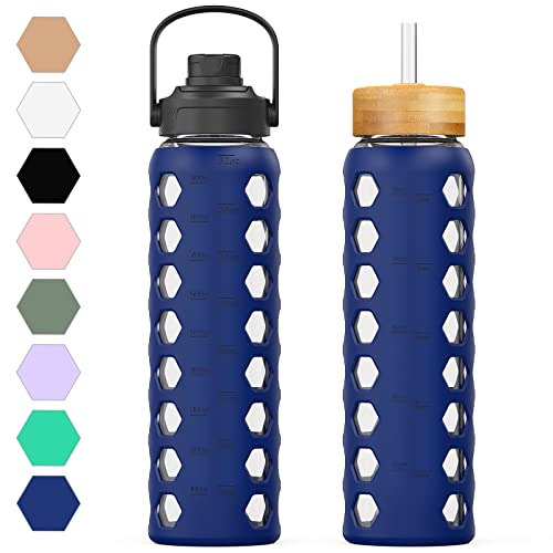 MUKOKO 32oz Glass Water Bottles with 2 LidsHandle Spout LidBamboo Straw Lid Motivational Water Tumbler with Time Marker Reminder and Silicone Sleeve LeakproofBlue1 Pack