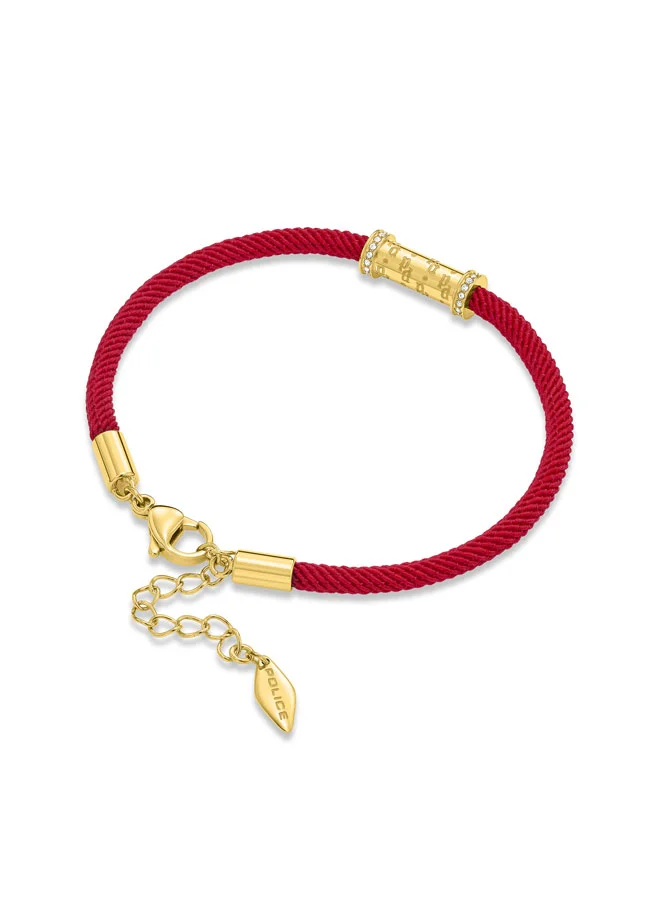 POLICE Gold-Plated Monogram Cylindrical Charm with Crystals Red Cord Bracelet For Women