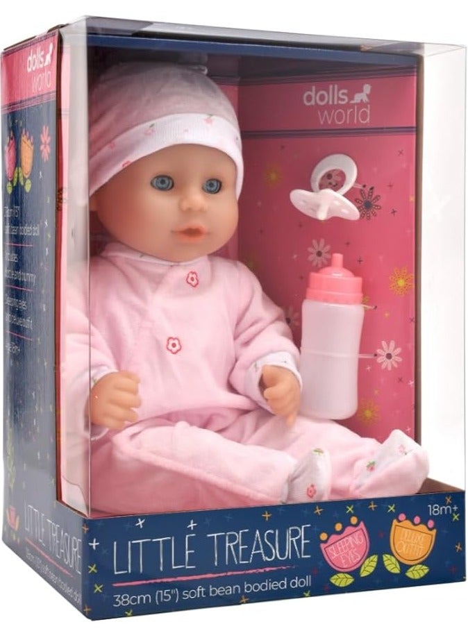 دولز وورلد دمى العالم - الكنز الصغير - دمية ناعمة بحجم 15 بوصة بعيون نائمة وزجاجة وحلمة - لعبة قابلة للاستحمام من بيتركين للأطفال من 18 شهرًا فما فوق - Image 2