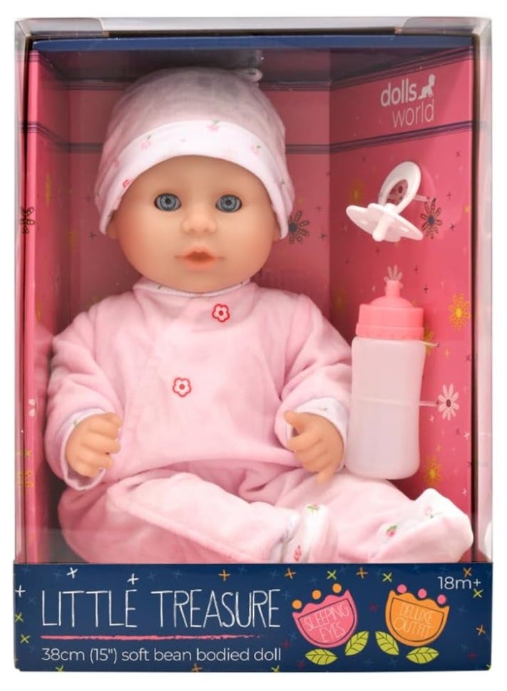 دولز وورلد دمى العالم - الكنز الصغير - دمية ناعمة بحجم 15 بوصة بعيون نائمة وزجاجة وحلمة - لعبة قابلة للاستحمام من بيتركين للأطفال من 18 شهرًا فما فوق - Image 1