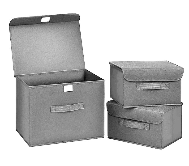 House of Quirk 3 Pack Foldable Storage Bin with Lid and Handle, Versatile Storage Baskets Boxes for Toys, Clothes, Papers, Books, Makeups (Grey) - Image 1