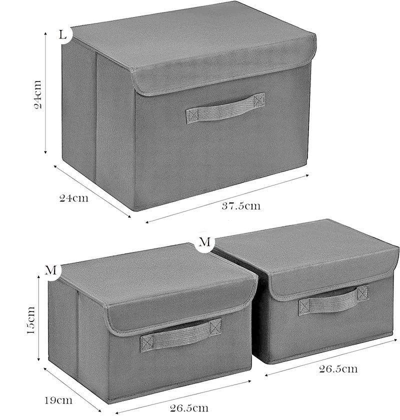 House of Quirk 3 Pack Foldable Storage Bin with Lid and Handle, Versatile Storage Baskets Boxes for Toys, Clothes, Papers, Books, Makeups (Grey) - Image 2