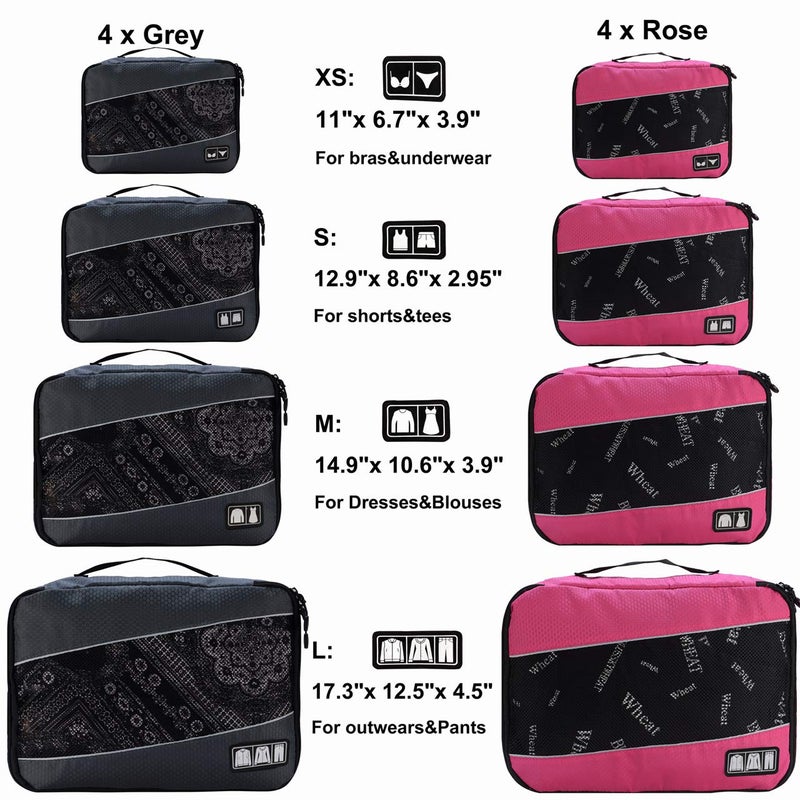 Idesort 8 Set Packing Cubes, Travel Luggage Bags Organizers Mixed Color Set (Grey Rose) - Image 2
