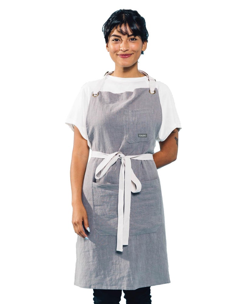 Caldo Linen Kitchen Apron for Cooking Mens and Womens Linen Bib Apron for Professional Chef Server or Barista Adjustable with Pockets Grey