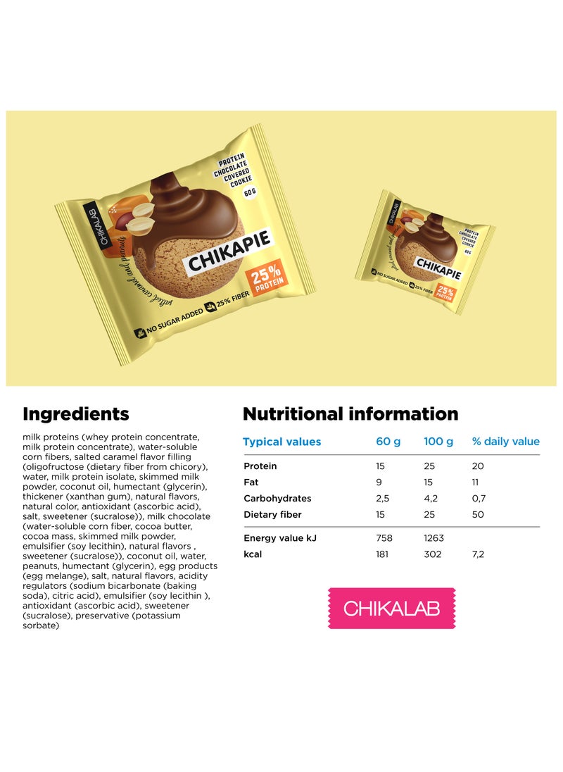 Chikalab CHIKAPIE Protein Chocolate Covered Cookie with Salted Caramel and Peanuts Filling No Sugar Added 9x60g  - Image 3