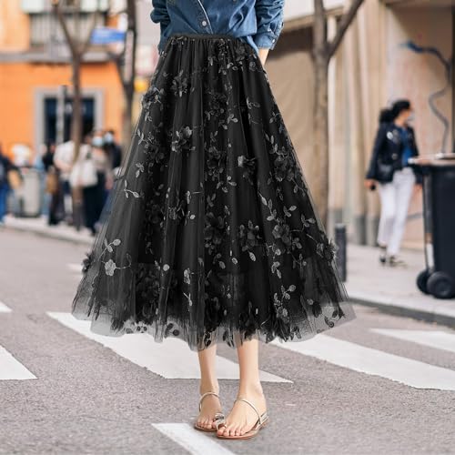 SHEJIZE Women's A Line Tulle Midi Skirt Tiered Skirts Tea-Length Elastic Waist Girls Dress Size for XXS-L - Image 3
