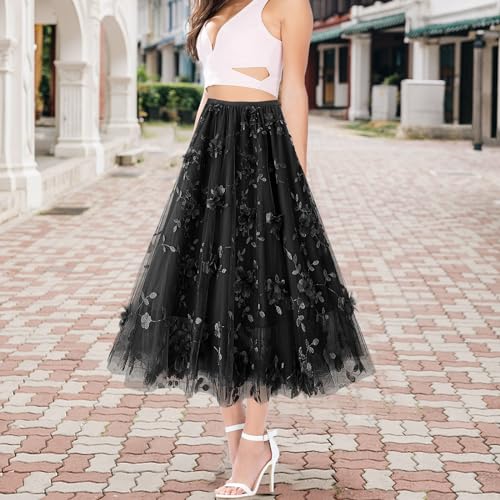 SHEJIZE Women's A Line Tulle Midi Skirt Tiered Skirts Tea-Length Elastic Waist Girls Dress Size for XXS-L - Image 2