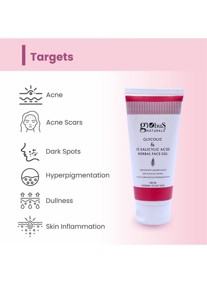 Globus Naturals - Glycolic & 1% Salicylic Acid Herbal Anti Acne Face Gel Enriched With Liquorice & Oats Anti Acne & Oil Control Reduces Dark Spots & Hyperpigmentation100 Ml Pack Of 1 - Image 1
