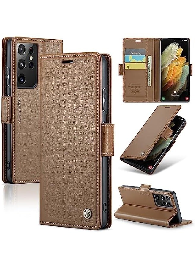 RFID Blocking Case for Samsung Galaxy S21 ULTRA - Durable Leather Flip Case with Card Holder and Kickstand (Brown) - Image 1
