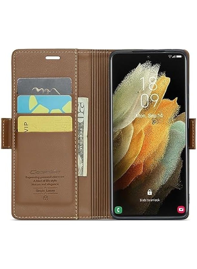 RFID Blocking Case for Samsung Galaxy S21 ULTRA - Durable Leather Flip Case with Card Holder and Kickstand (Brown) - Image 2