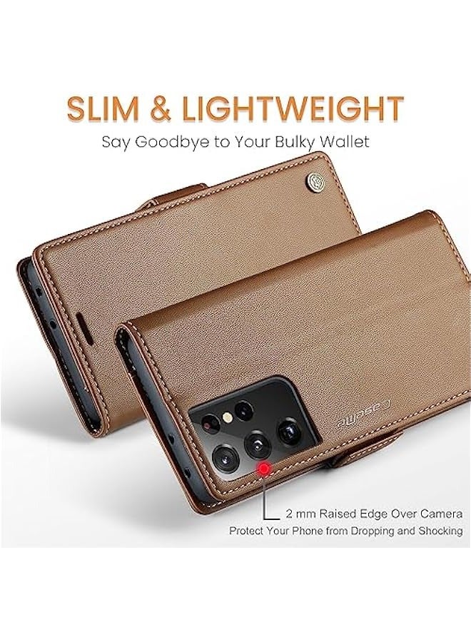 RFID Blocking Case for Samsung Galaxy S21 ULTRA - Durable Leather Flip Case with Card Holder and Kickstand (Brown) - Image 3