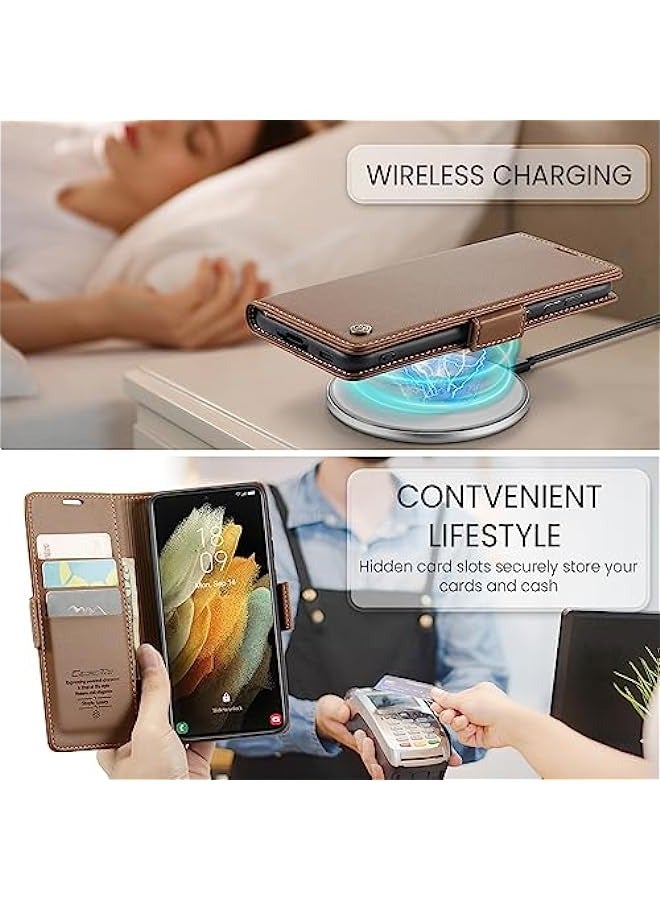 RFID Blocking Case for Samsung Galaxy S21 ULTRA - Durable Leather Flip Case with Card Holder and Kickstand (Brown) - Image 5