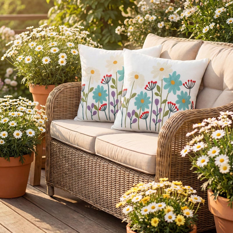 Hahafelt 2Pcs Spring Floral Embroidered Decorative Throw Pillow Covers 18"x 18" Daisy Flower Pillow Covers with Zipper Farmhouse Cushion Cases for Bed Couch Sofa Living Room Bedroom Decor Gift - Image 2