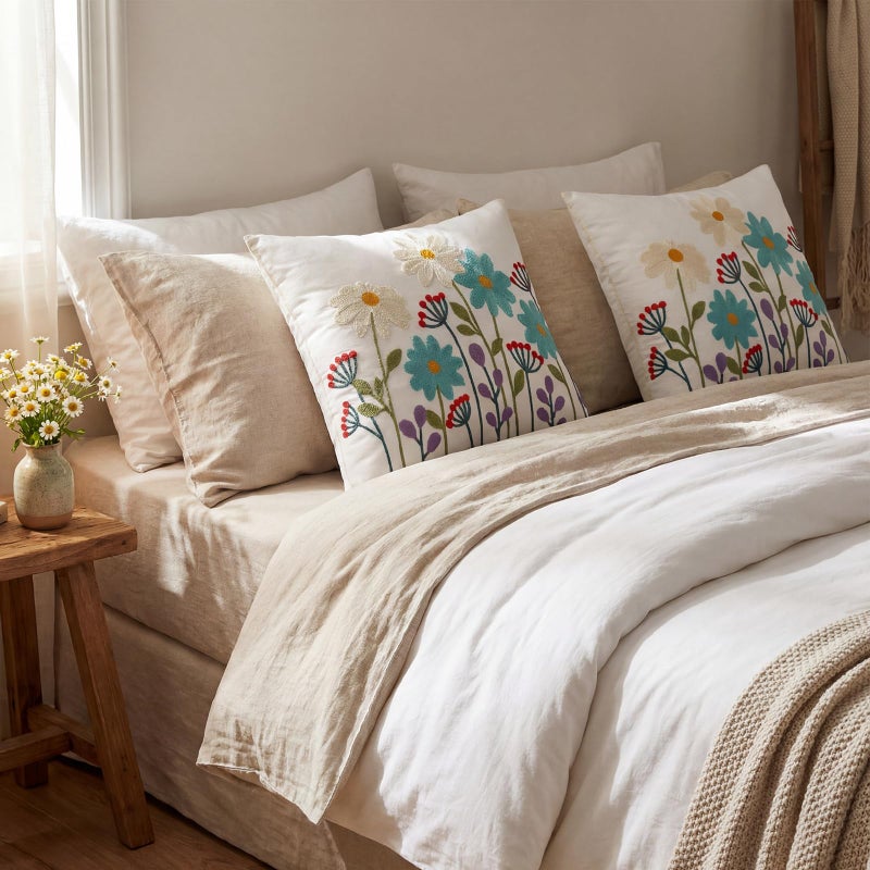 Hahafelt 2Pcs Spring Floral Embroidered Decorative Throw Pillow Covers 18"x 18" Daisy Flower Pillow Covers with Zipper Farmhouse Cushion Cases for Bed Couch Sofa Living Room Bedroom Decor Gift - Image 5