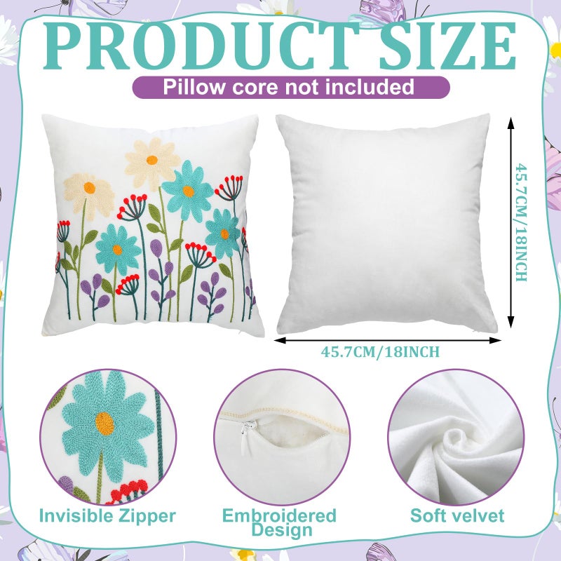 Hahafelt 2Pcs Spring Floral Embroidered Decorative Throw Pillow Covers 18"x 18" Daisy Flower Pillow Covers with Zipper Farmhouse Cushion Cases for Bed Couch Sofa Living Room Bedroom Decor Gift - Image 3