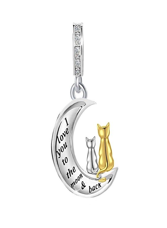 KunBead Gold Cat Lovers I Love You to the Moon and Back Birthday Dangle Bead Charms Compatible with Pandora Bracelet for Women - Image 1