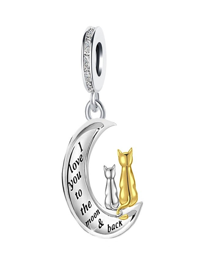 KunBead Gold Cat Lovers I Love You to the Moon and Back Birthday Dangle Bead Charms Compatible with Pandora Bracelet for Women - Image 2