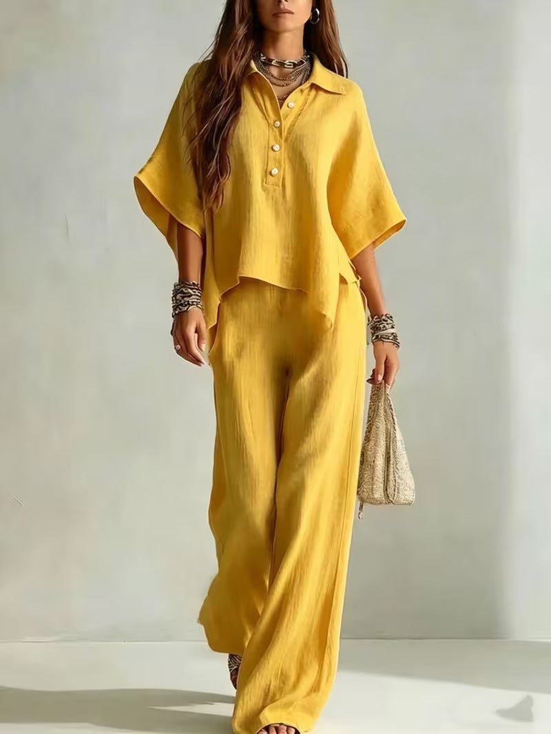 Linen Shirt and Wide Leg Pants Two Piece Set Casual Summer Outfit - Image 2