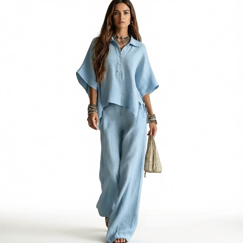 Linen Shirt and Wide Leg Pants Two Piece Set Casual Summer Outfit - Image 1