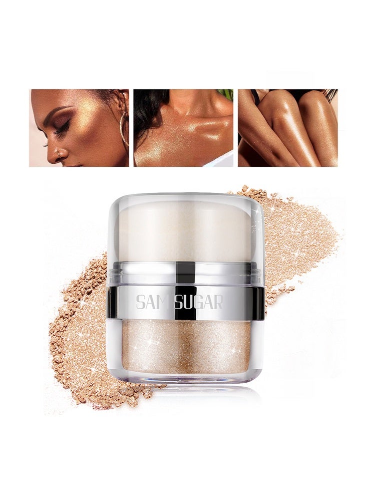 سكر سام بودرة تسليط الضوء - بودرة لامعة للجسم مع اسفنجة، بودرة جليتر للجسم، تحديد ثلاثي الأبعاد وثبات طويل، هايلايتر مضيء للوجه، العيون، الشعر، مثالي للاستخدام اليومي والحفلات (#02 ذهبي شامبانيا) - Image 1