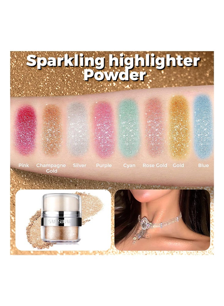 سكر سام بودرة تسليط الضوء - بودرة لامعة للجسم مع اسفنجة، بودرة جليتر للجسم، تحديد ثلاثي الأبعاد وثبات طويل، هايلايتر مضيء للوجه، العيون، الشعر، مثالي للاستخدام اليومي والحفلات (#02 ذهبي شامبانيا) - Image 4