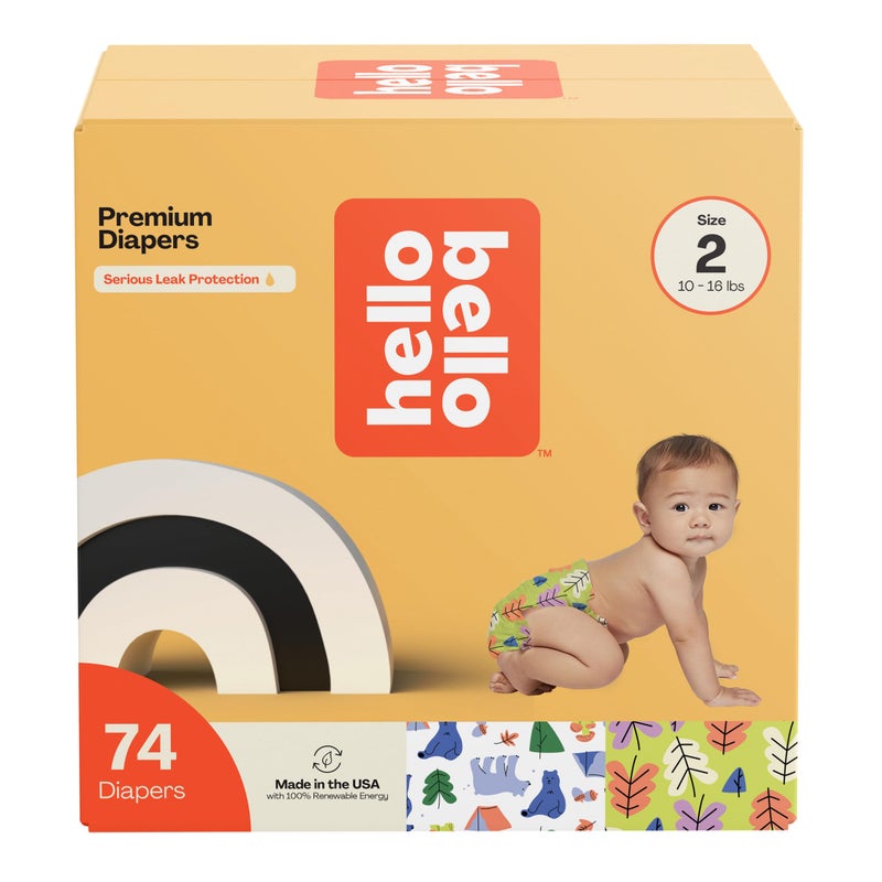 Hello Bello Premium Diapers Size 2, Happy Camper & Live Leaf Love Designs, 74ct Club Box - Image 1