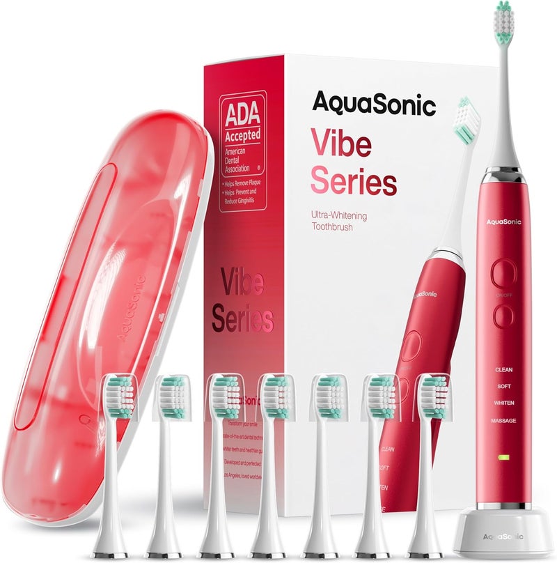 أكوا سونيك فرشاة أسنان كهربائية من سلسلة Aquasonic VIBE فائقة التبييض – معتمدة من ADA - تشمل 8 رؤوس فرشاة وحقيبة سفر – محرك بقوة 40,000 نبضة في الدقيقة وشحن لاسلكي - 4 أوضاع مع مؤقت ذكي – لون ياقوتي - Image 1