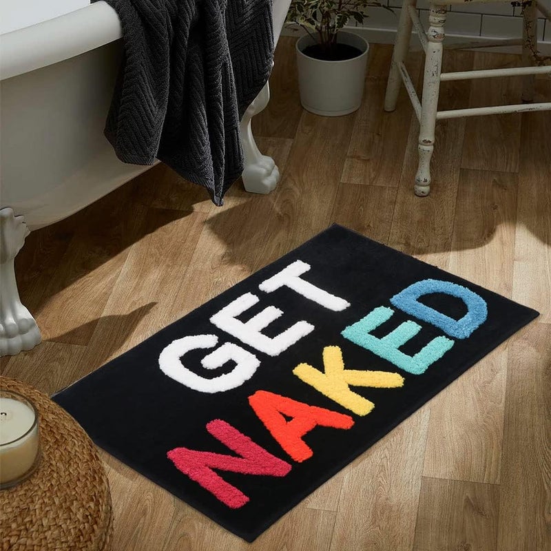 BOVEU حصل على سجادات حمام Naked Bath Mat، غير زلقة وقابلة لامتصاص الماء، بتصميم مضحك، مقاس 17 بوصة × 24 بوصة، بلون أسود، قابلة للغسيل في الغسالة. - Image 1