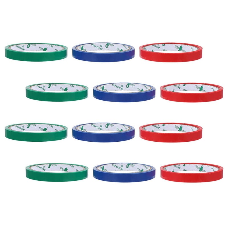 12mm 3 Color Bag Sealing Tape Set 12 Rolls Red Blue Green for Food Packaging and Produce Binding - Image 1