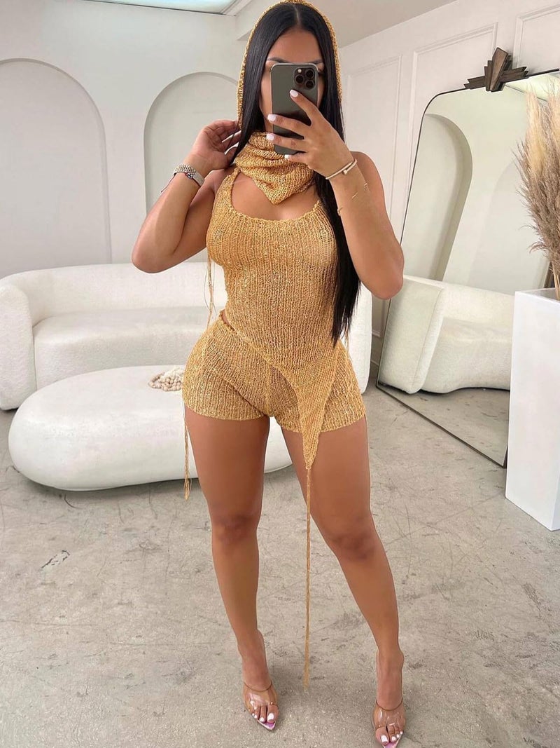 KANSOON Womens Short Sets 2 Piece Outfits Knitted Asymmetrical Halter Backless Cami Tank Tops Sequin Shorts Festival with Shades Gold L - Image 2