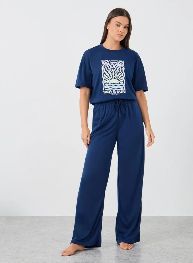 Styli Styli Graphic Print Round Neck T-Shirt and Pyjama Set