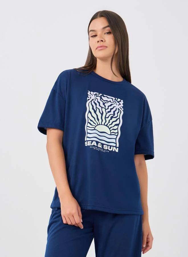 ستايلي Styli Graphic Print Round Neck T-Shirt and Pyjama Set