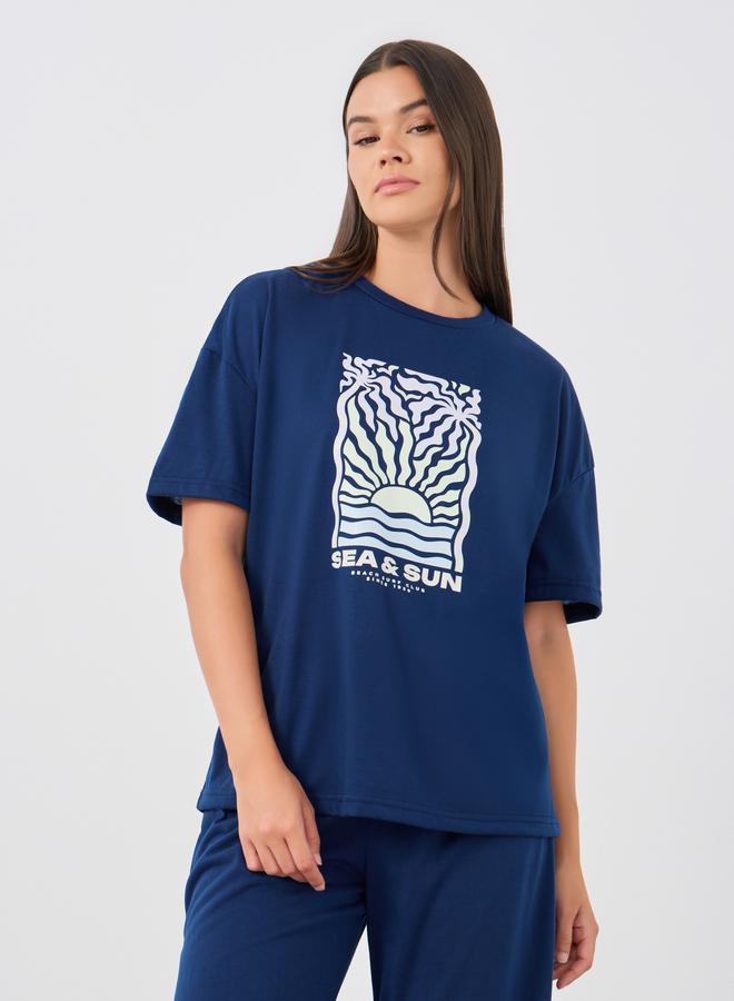 Styli Graphic Print Round Neck T-Shirt and Pyjama Set - Image 2