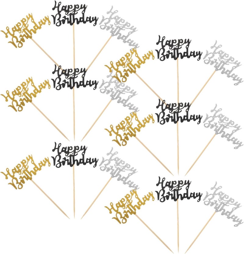 36pcs Gold Black Silver Birthday Cake Topper Set, Glitter Party Cupcake Picks for Birthday Celebrations, Non-edible Decorative Cake Inserts for Party Desserts - Image 1